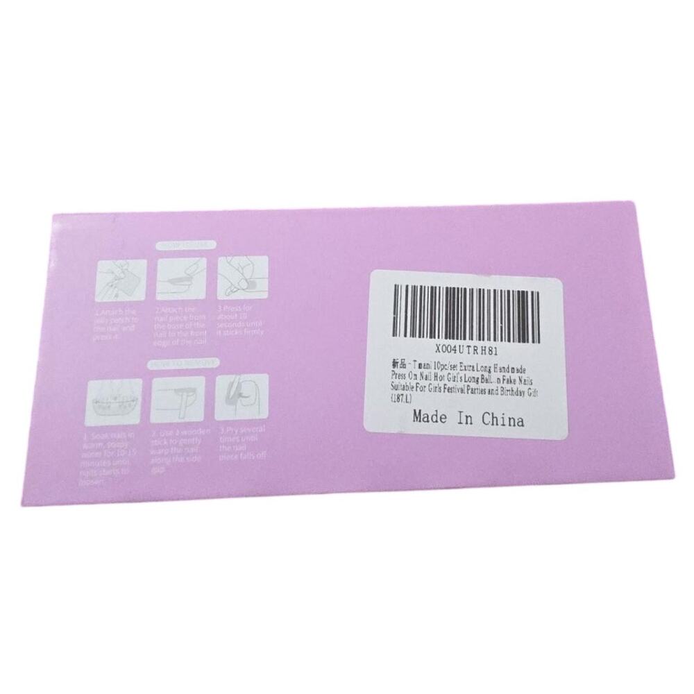 Tmani Extra Long Press On Nails 10pc Pink Rhinestone Square 187L New Open Box - Picture 2 of 3